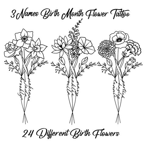 3 Birth Flower Tattoos, Triple Birth Flower Tattoo, Flower Bouquet Tattoo Stencil, 3 Birth Flower Bouquet Tattoo, 3 Names Birth Flower Tattoo, Floral Tattoo With Names, 3 Name Tattoo, Birth Flower Tattoos Kids Names, Flowers With Names Tattoo