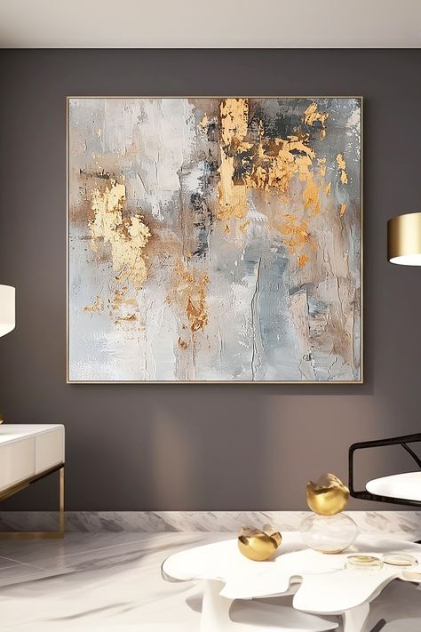 Original handmade gold leaf abstract painting with textured gray and white background, showcasing elegant brushstrokes and metallic accents Leaf Abstract, Gold Leaf Painting, Textured Canvas, Shades Of Gray, Paintings I Love, Abstract Wall, Art Original, Abstract Wall Art, Gold Accents