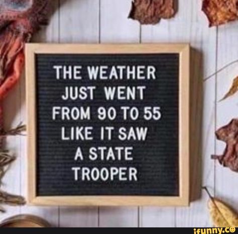 THE WEATHER JUST WENT FROM 90 T0 55 LIKE IT SAW A STATE TROOPER – popular memes on the site iFunny.co #starwars #movies #the #weather #just #went #from #like #it #saw #state #trooper #pic Fall Weather Quotes, Letterboard Signs, Weather Memes, Funny Weather, Message Board Quotes, Funny Star Wars Memes, Weather Quotes, State Trooper, Autumn Quotes