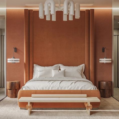 Burnt Orange Bedroom, Condo Remodel, Exterior Renovation, Bedroom Orange, Interior Design Services, Hotels Room, Bed Design, Bedroom Interior, Interior Architecture