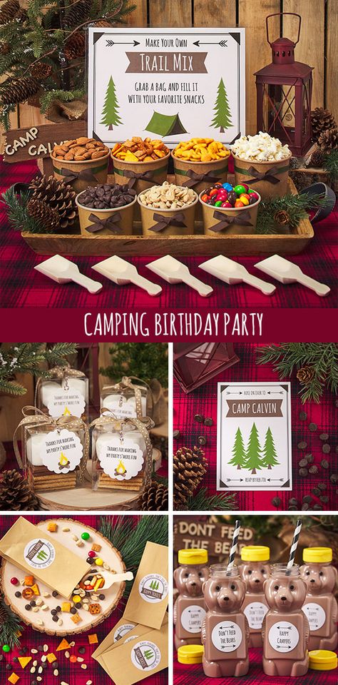 Campout Themed Birthday Party, Camp Out Bday Party, Camper Retirement Party Ideas, Outdoor Themed Party Ideas, Camping Theme 3rd Birthday Party, Adventure Birthday Party Theme, Diy Camping Decorations Party Ideas, Camping Party Theme Food, Happy Camper Retirement Party