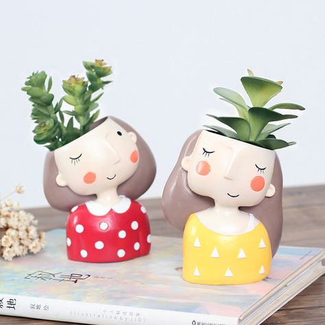 Cute cartoon little girl head like small flower pots Creative resin desktop decorative plant pots Small Flower Gardens, Cactus Plant Pots, Resin Planters, Mini Bonsai, Garden Basket, Plant Pot Decoration, Small Flower Pots, Cactus Planter, Cactus Plant