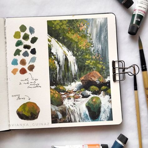 Waterfalls are one of my favourite things. There's just something so calming about a waterfall in the woods - @vianka_guinaz . . Get 15% off artphilosophy.com with my code VIANKAGUINAZ15% . Gouache : @artphilosophyco Gouache Art, Arte Sketchbook, Plein Air Paintings, Art Inspiration Painting, Painting Art Projects, Gouache Painting, Online Classes, Art Sketchbook, Runes