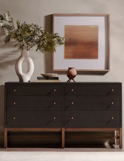 New Furniture, Rugs, and Décor Black Dresser Bedroom, Black Dresser, Dresser Design, Iron Hardware, 6 Drawer Dresser, Metal Drawers, High Fashion Home, Dressers And Chests, Furniture Dining Table