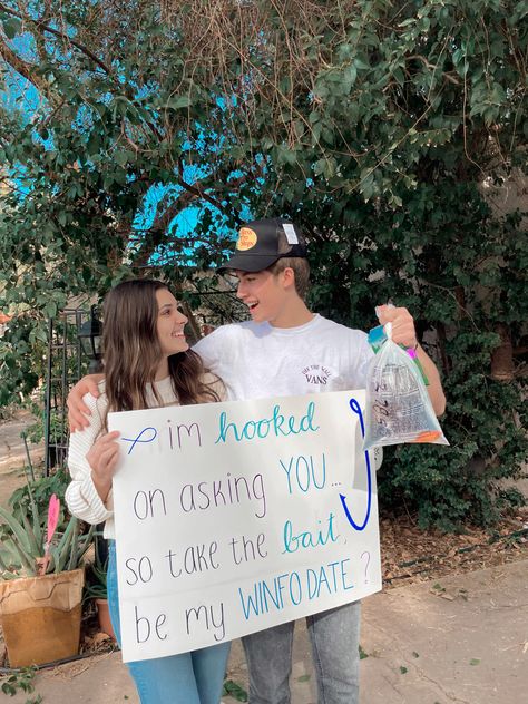 Western Prom Posals, Fish Homecoming Proposal, Poster Hoco Ideas, Cute Winfo Proposals, Valentines Dance Poster Ideas, Hoco Poster Ideas For Guys, Hoco Proposals Country, Winter Formal Sign Ideas, Snoco Proposals