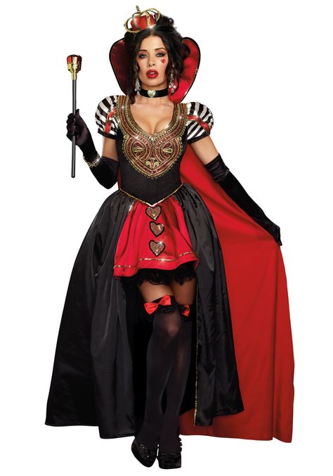 Women's Evil Queen of Hearts Sexy 3-Pc Costume Set - DeluxeAdultCostumes.com Modern Queen Of Hearts, Queen Of Hearts Outfit, Red Queen Costume, Queen Of Hearts Halloween Costume, Hearts Outfit, Queen Of Hearts Halloween, Photo Mannequin, Fairy Tale Costumes, Queen Of Hearts Costume