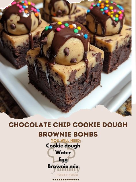 🍪🍫 Treat yourself to Chocolate Chip Cookie Dough Brownie Bombs! These indulgent bites combine rich brownie and creamy cookie dough in one delicious package! Chocolate Chip Cookie Dough Brownie Bombs Ingredients: Brownie mix (1 box, for 9x13 pan) Egg (1) Water (as directed on box) Cookie dough (1 cup, pre-made) Semi-sweet chocolate chips (1 cup) Sprinkles (optional, for garnish) Instructions: Prepare brownie mix according to package instructions and bake in a greased 9x13 pan; let cool. Sc... Chocolate Chip Cookie Dough Brownies, Cozy Fall Recipes, Cookie Dough Brownies, Brownie Bites, Festive Drinks, Semi Sweet Chocolate Chips, Brownie Mix, Chocolate Chip Cookie Dough, Sweet Chocolate