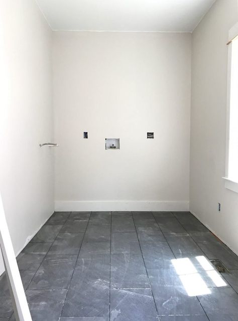 #103: Regrets From Our Beach House Reno | Young House Love Slate Tile Floor Bathroom, Dark Tile Bathroom Floor, Grey Slate Bathroom, Dark Grey Tile Bathroom, Beach House Laundry Room, Dark Floor Bathroom, Dark Tile Bathroom, Slate Bathroom Floor, Slate Bathroom Tile