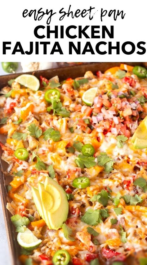 Whip up these irresistible and easy sheet pan chicken fajita nachos! Loaded with cheesy goodness and simple chopped toppings, they're perfect for a quick homemade dinner or party snack. This tasty recipe combines flavorful chicken fajitas with the convenience of sheet pan baking for the best oven-baked nachos. Find other easy gluten free recipes at hotpankitchen.com! Fajita Nachos Recipe, Chicken Fajita Nachos, Fajita Nachos, Easy Sheet Pan Chicken, Nachos Loaded, Easy Gluten Free Recipes, Loaded Chicken, Sheet Pan Meals Chicken, Sautéed Onions