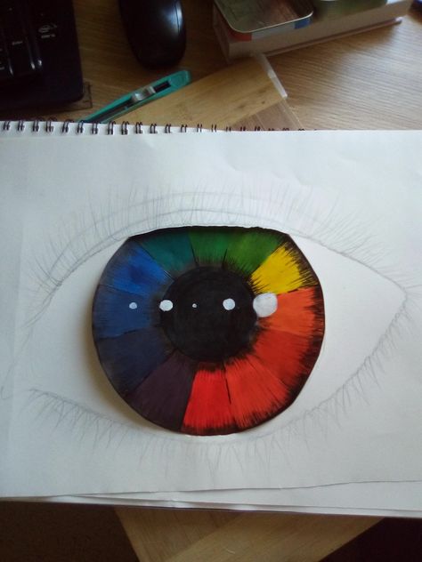 Colour wheel eye project Color Wheel Painting Projects, Creative Color Wheel Projects 3d, Colour Wheel Painting, Colour Wheel Ideas Creative Art, Unique Color Wheel Ideas, Color Wheel Art Projects High Schools, Eye Color Wheel, Creative Color Wheel Ideas Unique, Creative Colour Wheel