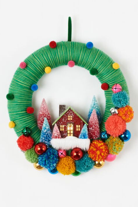 Colorful Pom Pom Wreath, Felt/Yarn/PVC, 16" Christmas Wreath Diy, Pom Wreath, Felt Yarn, Pom Pom Wreath, Diy Christmas Wreaths, Pom Pom Crafts, 12 December, Christmas Wreaths For Front Door, Wreath Diy