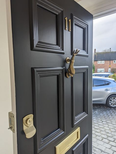 How to Paint Your Front Door Farrow And Ball Off Black Front Door, Espresso Front Door, Black Front Door With Brass Hardware, Black Gloss Front Door, How To Paint Doors Black, Dark Grey Front Door Exterior, Best Black For Front Door, High Gloss Black Front Door, Victorian Front Door Ideas