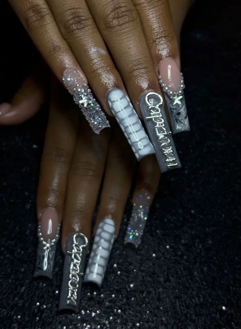 Birthday Nails Capricorn, Capricorn Birthday Nails, Capricorn Nails, 2025 Nails, Capricorn Birthday, Long Acrylic Nails Coffin, Long Acrylic, 17th Birthday, Acrylic Nails Coffin