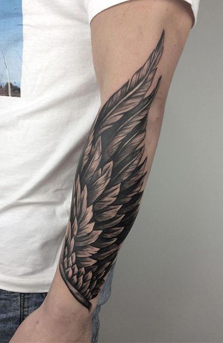 30 Cool Forearm Tattoos for Men - The Trend Spotter Forearm Wing Tattoo, Wing Tattoo Arm, Tattoos Arm Mann, 11 Tattoo, Alas Tattoo, Wing Tattoo Men, Tato Flash, Tattoo Placements, Forearm Band Tattoos