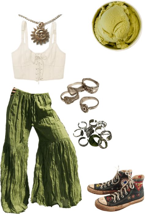 Ice Cream Outfit, Hippie Fits, Outfit Hippie, Tea Ice Cream, Cream Outfit, Green Tea Ice Cream, Mode Hippie, 70s Inspired Fashion, Earthy Outfits