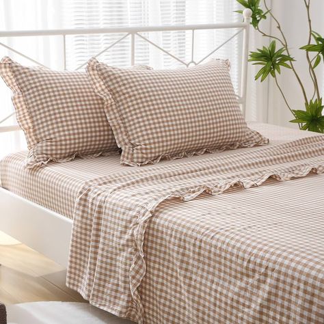 K MASANIJI Taupe White Plaid Ruffle Sheets Queen Size 4-Piece Set, 300TC 100% Yarn Dyed Washed Cotton Checker Sheets 18'' Deep Pocket Farmhouse Gingham Decorative Bedding（Taupe/White Plaid, Queen） : Amazon.ca: Home Printed Bed Sheets, Gingham Sheets Bedding, Cute Sheets Bed, Fall Bed Sheets, Checkered Sheets, Fall Sheets, Vintage Bed Sheets, Gingham Sheets, Plaid Sheets