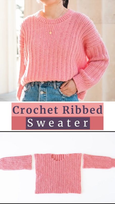 Pink Sweater Crocheting For Free - Crocheted World Crochet Ribbed Sweater, Crocheting Sweater, Crochet Jumper Pattern, Easy Crochet Slippers, Crochet Sweater Free, Gilet Crochet, Crochet Jumper, Crochet Sweater Pattern Free, Jumper Patterns