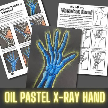 Combine Art with Anatomy with this X-Ray Skeleton Hand Lesson! This project is perfect for elementary art, but could be a fun Skeletal System Activity for Middle and Highschool as well! A perfect Fall Art Activity, it's spooky enough for Halloween art while also teaching important art skills and sci... Thanksgiving Art Elementary School, Skeletal System Activities For Middle School, Fall Art Project Elementary, Skeletal System Activities For Kids, Art In Science, Science Based Art Projects, Halloween Lessons Elementary, Quick Art Activities, Pumpkin Art Lesson Elementary