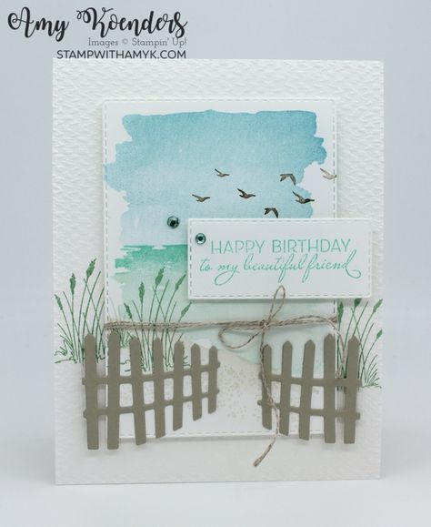 Stampin’ Up! Oceanfront Birthday Card for the January-June 2022 Mini Catalog Team Blog Hop – Stamp With Amy K Stampin Up Painted Labels Dies Card Ideas, Crop Ideas, Stampin Up Birthday Cards, Nautical Cards, Beach Cards, Stamping Up Cards, Some Cards, Beach Theme, Masculine Cards