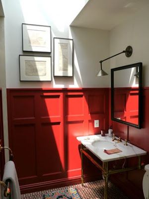 bathroom paint wainscot as contrast color Wainscoting Bedroom, Wainscoting Bathroom, Wainscoting Styles, Diy Wainscoting, Bad Inspiration, Bathroom Red, Painted Walls, Red Rooms, Trendy Bathroom