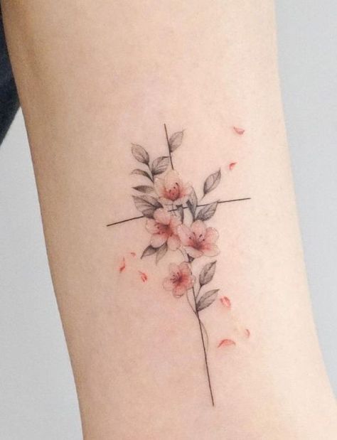 Pretty Cross Tattoo, Feminine Cross Tattoo, Unique Cross Tattoos, Cross With Flowers, Side Wrist Tattoos, Daffodil Tattoo, Tiny Wrist Tattoos, Cross Tattoos For Women, Tattoos For Women Flowers