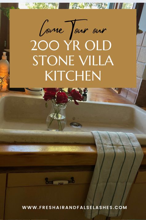 Small kitchen in the stone villa Old Italian Kitchen, Stone Villa, Garbage Bags, Stone Cottage, Italian Kitchen, Cozy Kitchen, Other Space, Old Stone, Village Life