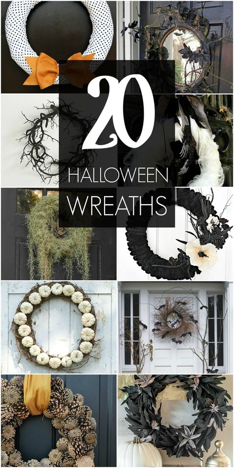 I’ve been wandering Pinterest trying to come up with ideas for a Halloween wreath.  There are so many good ones!!!  I mostly like my Halloween wreath to be just slightly creepy, but I also found some fun ones for kids, some pretty darn chic wreaths, and ones that can work for fall and Halloween.  The … Modern Halloween Wreath, Halloween Wreath Ideas Diy, Diy Halloween Garland, Halloween Wreath Ideas, Scary Halloween Wreath, Pax Hack, Spider Wreath, Halloween Door Wreaths, Diy Halloween Wreath