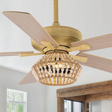 52-in Boho 5-Blade Sand Gold Reversible Cage Ceiling Fan with Remote and Light Kit - 52-in W - On Sale - Bed Bath & Beyond - 38397389 Cage Ceiling Fan, Boho Light Fixture, Indoor Ceiling Fans, Boho Lighting, Ceiling Fan Bedroom, Farmhouse Ceiling Fan, Room Fan, Living Room Ceiling, Chandelier Bedroom