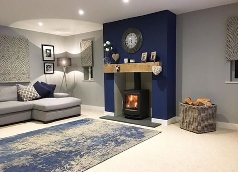 Navy Living Room Decor, Living Room Design Blue, Alcove Ideas Living Room, Log Burner Living Room, Relaxing Living Room, Navy Living Rooms, Feature Wall Living Room, Home Cinema Room, Blue Living Room Decor