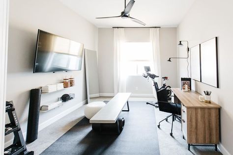 LifestyledCo on Instagram: “This flex space needed to function as both office space + home gym and we were totally able to do both by keeping it minimalist + simple! ⁣…” Gym / Office Room, Home Gym / Office Ideas, Gym And Study Room, At Home Gym And Office, Half Office Half Workout Room, Office And Workout Room Combo Ideas, Home Office With Gym Ideas, Office Gym Guest Room Combo, Office Work Out Room Combo