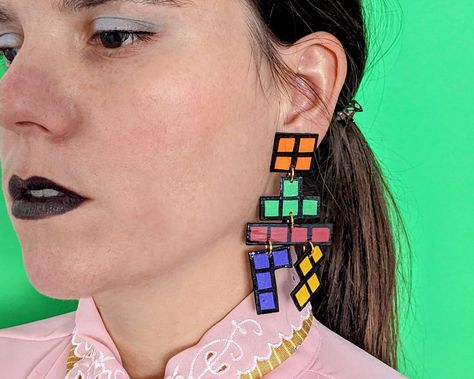 Tetris inspired/1984/addictive games/cool fashion/handmade Paper Mache Earrings, Red Flower Earrings, Girl God, Orange Square, 80s Aesthetic, Eco Friendly Paper, Big Earrings, Girls Earrings, Neon Colors