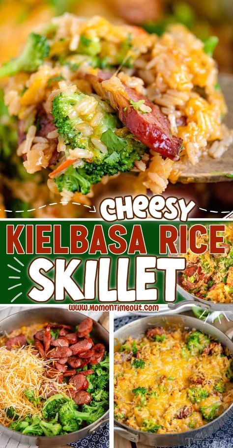 This delicious Cheesy Kielbasa Rice and Broccoli Skillet is bursting with flavor and is so easy to make! This easy skillet recipe comes together in a flash and is made in a single skillet for easy clean-up. One of our favorite easy weeknight dinners! | MomOnTimeout.com Kielbasa Rice And Broccoli, Kilbasa Sausage Recipes, Kielbasa Rice, Cheesy Kielbasa, Broccoli Skillet, Rice And Broccoli, Easy Fall Dinners, Sausage Recipes For Dinner, Smoked Sausage Recipes