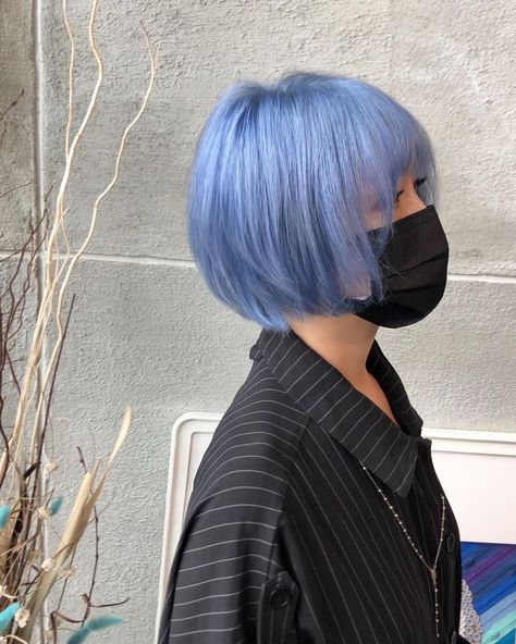 Short Dyed Hair Blue, Short Pastel Blue Hair, Cool Tone Blue Hair, Muted Blue Hair, Baby Blue Hair Color, Light Blue Short Hair, Blue And Grey Hair, Short Light Blue Hair, Indigo Blue Hair