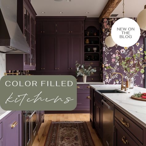 For so long, we have been seeing our Instagram feed full of neutral kitchens - white, beige and maybe a pop of black. But today, we're bringing color back with our blog post on kitchens filled with COLOR! Now I know what you might be thinking… “Jenn, I could never add color to my kitchen!” But you actually CAN with the right guidance and tools! (That's where we come in.) Consider the full saturation that we show in the blog, or introducing color through a backsplash or floor tile, or even... Kitchen Purple Cabinets, Wood Color Cabinets, Purple Backsplash, Purple Kitchen Cabinets, Neutral Kitchens, Plum Kitchen, Purple Cabinets, Color Cabinets, Kitchens White