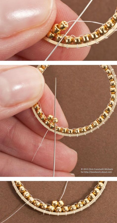 Tutorial for Inside Brick Stitch Hoop Earrings: Begin the Second Round of Beads Anting Manik, Beaded Earrings Tutorials, Brick Stitch Earrings, Beaded Earrings Patterns, Earring Tutorial, Beaded Hoop Earrings, Beaded Hoops, Earring Patterns, Diy Schmuck