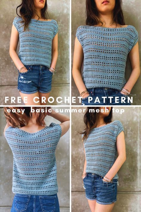 This easy crochet mesh t-shirt is very easy and beginner friendly.  You will be reaching for this easy, everyday, basic tee to get you through spring, summer and fall.  The mesh stitch allows beautiful drape and crochets up fast.  This is a free crochet pattern when accessed online through the Kiks + Jack Crochet blog.  It is written for beginners and the instructions are easy to follow.  The short cap sleeves are cute and perfect for warmer weather.  Click on the photo and access your free crochet summer top pattern. Crochet Box Top Pattern Free, Crochet Summer Tee, Crochet Mesh Shirt Free Pattern, Easy Crochet Summer Top, Crochet Tee Free Pattern, Dk Yarn Crochet Patterns Free, Crochet Summer Tops Free Patterns Easy, Crochet Shirt Pattern Free, Free Crochet Top Patterns For Women