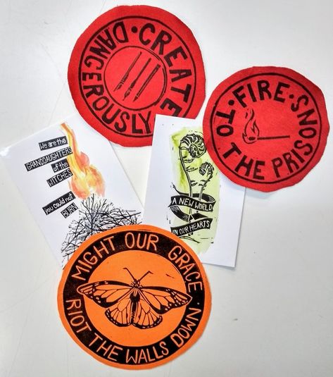 via Abolition Collective, fundraiser for prison release of collective member Anastazia Schmid: "this small art pack of stickers and hand printed linocut patches from Abolition collective artist Amanda Priebe (with text by Edwidge Danticat, Buenaventura Durruti and Andrea Gibson.) " Linocut Patch, Andrea Gibson, Protest Posters, Zine Design, Battle Jacket, Diy Stamp, Packaging Ideas, I Love You All, Shop Ideas