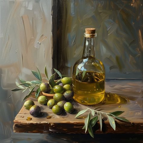 Immerse yourself in the rustic charm of the Mediterranean with our 'Golden Harvest' digital art piece. This AI-generated artwork captures the essence of a classic oil painting, featuring a quaint bottle of olive oil, fresh olives, and delicate olive leaves arranged in a harmonious still life. With the focus on golden and green hues, this digital art brings warmth and culinary inspiration to any space. The downloadable file is crafted to high resolution, allowing you to print this artwork in various sizes to suit your decorating needs. Whether you are looking to adorn your kitchen walls, add character to your dining area, or simply seeking a unique piece of art for your living room, 'Golden Harvest' offers versatility and ease of use. For best results, we recommend using high-quality paper Digital Painting Still Life, Kitchen Oil Painting, Olive Oil Painting, Still Life Oil Painting Fine Art, Painting For Kitchen Art, Kitchen Paintings Art Wall Decor, Olives Aesthetic, Olives Painting, Kitchen Art Painting