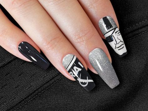 Raiders Nails, Nails Las Vegas, Las Vegas Nails, Football Nails, Shape Chart, Vegas Nails, Nail Prices, Sweater Nails, Las Vegas Raiders