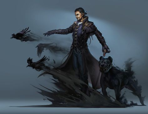 Raven Dnd Character, Businessman Art Character, Modern Necromancer, Dnd Warlock Character Design, Genie Warlock, Warlock Character Design, Shadow Raven, Witch And Warlock, Dnd Necromancer