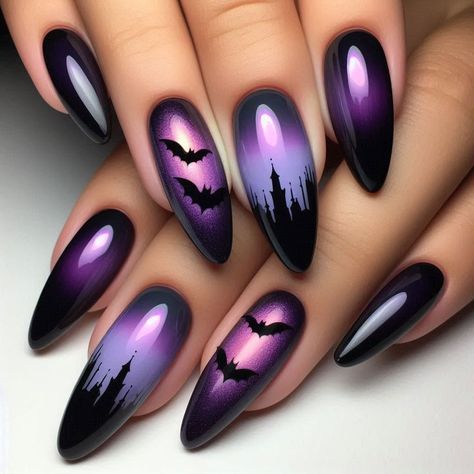 Gradient Halloween Nails, Green Purple And Black Nails, Bats Nail Art, Cateye Halloween Nail Designs, Halloween Bat Nail Designs, Halloween Goth Nails, Bats Nail Design, Spooky Black Nails, Maleficent Nails Designs