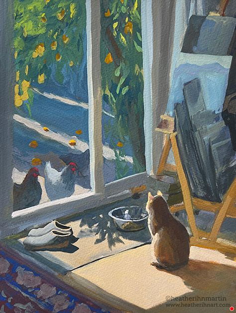 Hello Chickens by Heather Martin, gouache, 12 x 9 Heather Martin, Art Alevel, Through The Window, Art Paint, Medium Art, Heathers, Portfolio, Animals, Art