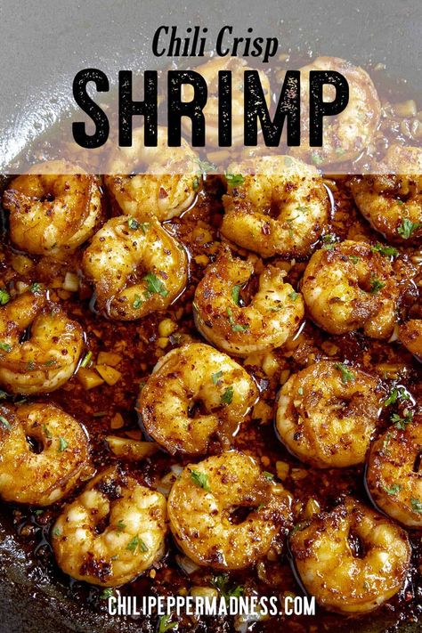 Chili Crisp Shrimp combines succulent shrimp with spicy, crunchy chili crisp, a bold and flavorful dish that's quick and easy to make, a great app or meal! Shrimp Christmas Dinner, Instant Pot Shrimp, Spicy Shrimp Recipes, Chili Shrimp, Seafood Meals, Mexican Shrimp, Chili Crisp, Potted Shrimp, Fast Meals