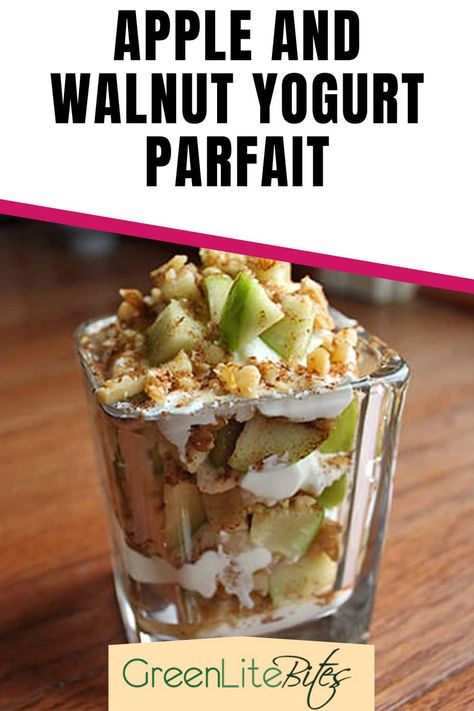 Apple and Walnut Yogurt Parfait Apple Parfait Yogurt, Fruits For Breakfast, Apple Yogurt, Whipped Yogurt, Greek Yogurt Parfait, Yogurt Parfaits, Nonfat Greek Yogurt, Food Time, Yogurt Bowl