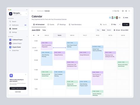 Calendar Dashboard Page - Manageko by Ali Husni ✨ for Enver Studio on Dribbble Calendar Web Design, Calendar Dashboard, Statistics App, Banking App, School Calendar, Job Portal, Task Management, Dashboard Design, Web Layout Design