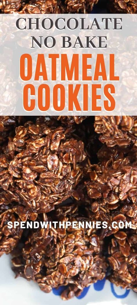 No Bake Oatmeal Cookies are a quick and easy snack, without even turning on the oven! Made with oatmeal and cocoa, they are deliciously chewy and very chocolaty. #spendwithpennies #nobake #oatmealcookies #chocolatecookies #nobakecookies #easycookies No Bake Oatmeal Cookies, No Bake Oatmeal, Bake Oatmeal, Biscuits Graham, Spend With Pennies, Oatmeal Cookie Recipes, Quick Easy Snacks, Quick Desserts, Baked Oatmeal