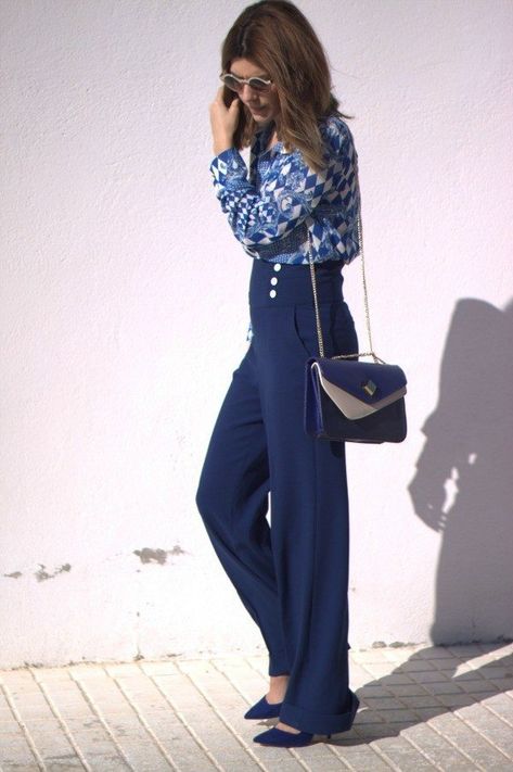 28 Modern ways to Wear Palazzo Pants with other Outfits - Part 3 Blue Palazzo Pants Outfit, Navy Pants Outfit, Palazzo Outfit, Palazzo Pants Outfit, Chic Work Outfit, Outfit Trends, Spring Women, Other Outfits, Outfit Combinations