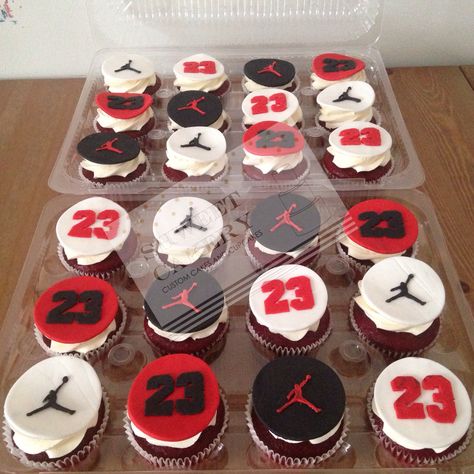 Air Jordan Cupcakes Jordan Cakes Birthdays, Michael Jordan Cupcakes, Jordan Bday Party, Jordan Year Party Ideas, Jordan Birthday Cake Ideas, Air Jordan Cake Ideas, Jordan Year Birthday Cake, Air Jordan Birthday Party Ideas, Jordan Themed Birthday Party