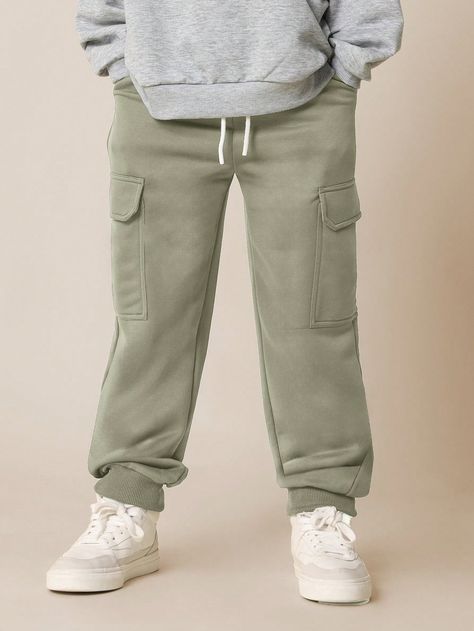 Tween Boys Comfy Slim Fit Cuffed Cargo Essential Jogger With Drawcords Green    Polyester Plain  Slight Stretch  Tween Boys Clothing, size features are:Bust: ,Length: ,Sleeve Length: Boy Sweatpants, Boys Bottoms, Boy's Clothing, Jogging, Sweatpants, Slim Fit, Sleeve Length, Clothes, Tracksuit Bottoms