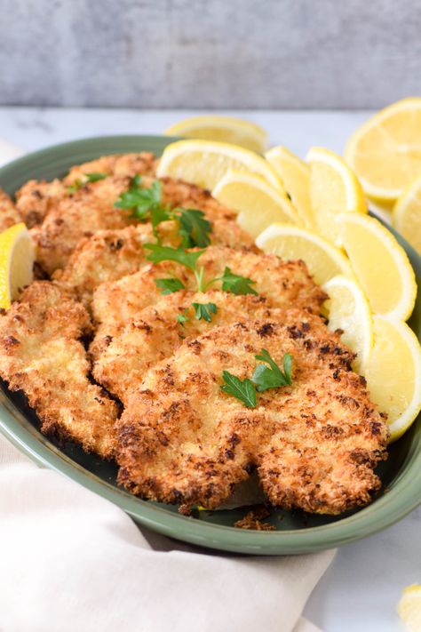 Air Fryer Turkey Schnitzel - West of the Loop Air Fryer Turkey Cutlets, Turkey Cutlets In Air Fryer, Turkey Schnitzel Recipes, Turkey Schnitzel, Turkey Cutlet Recipes, Cutlet Recipes, Luscious Recipes, Cooking Shrimp, Schnitzel Recipe